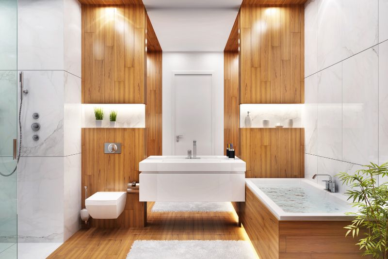 Bathroom with timber feature walls, floating vanity and a built-in bath alcove