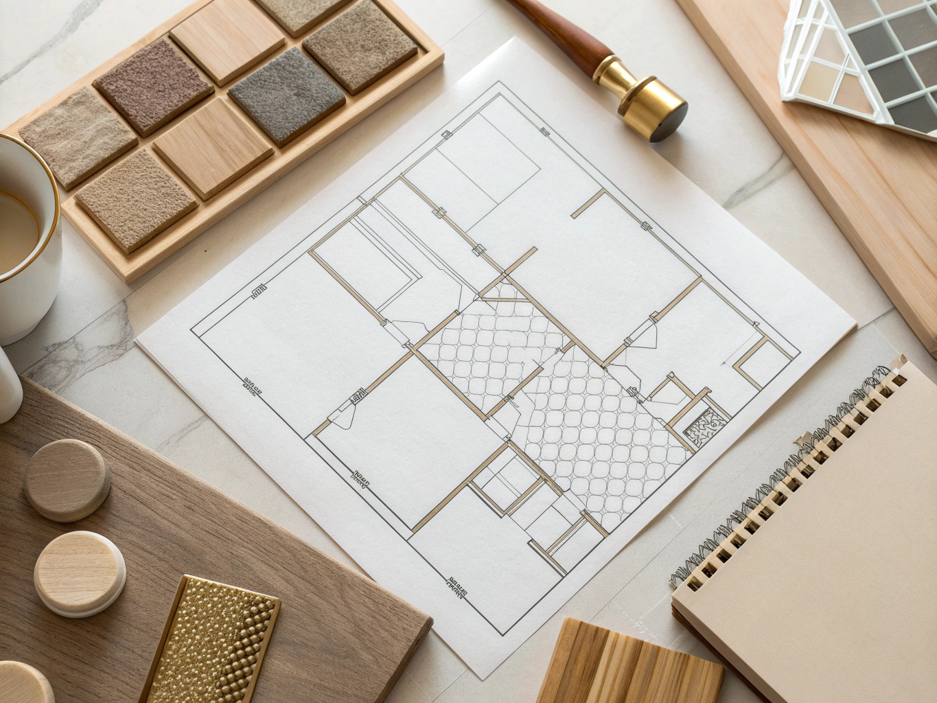 Bathroom design planning flat-lay with floor plan sketch and material samples