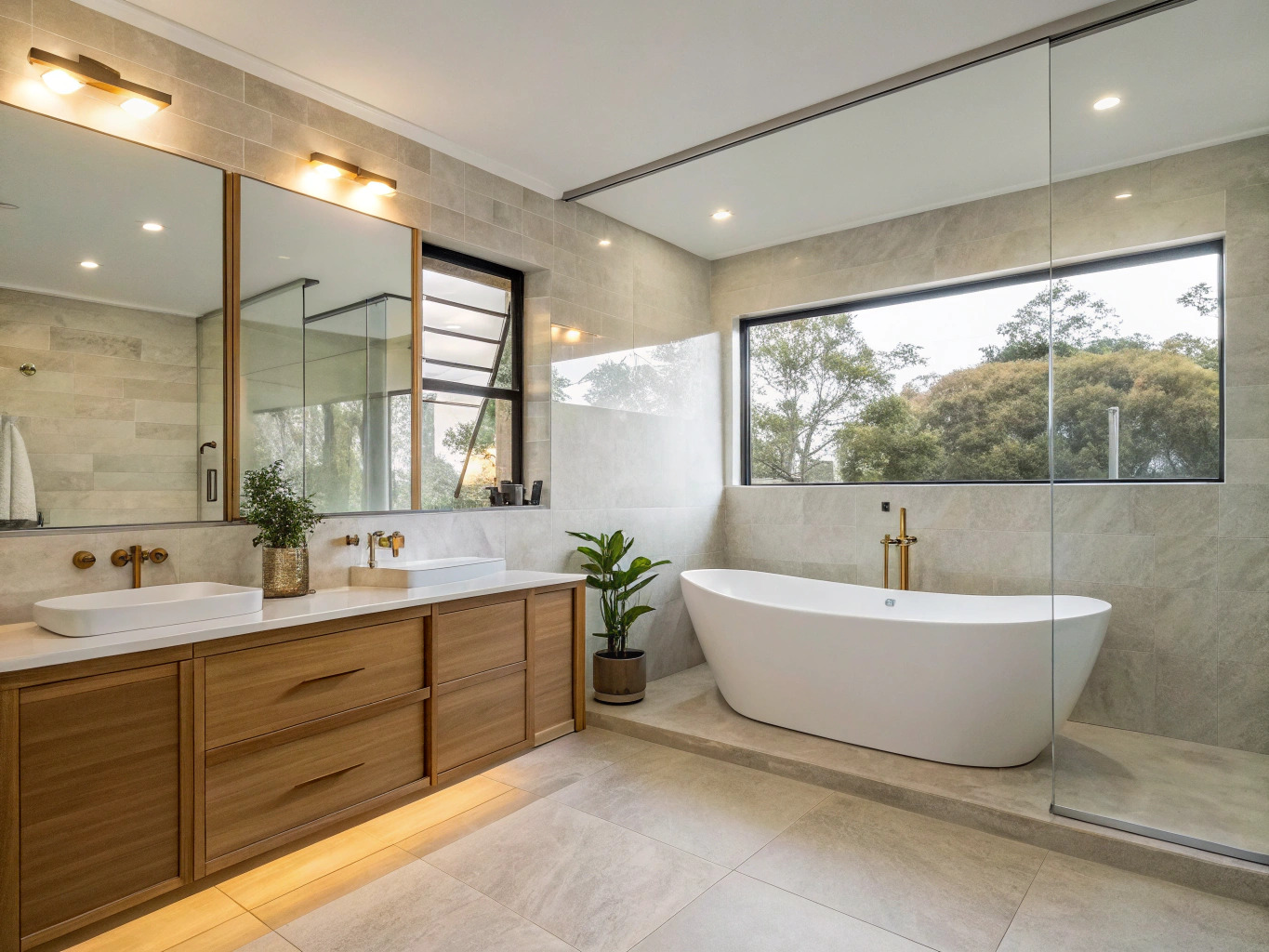 Freestanding bath and timber vanity in a completed Northern Beaches bathroom renovation