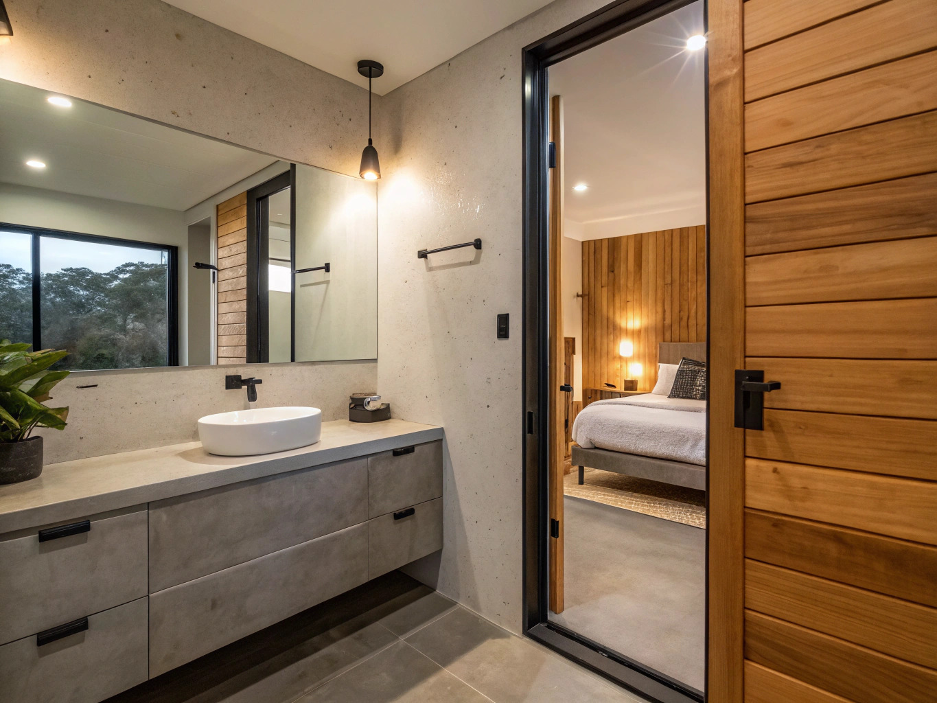 Completed ensuite bathroom renovation with a view through to the adjoining bedroom