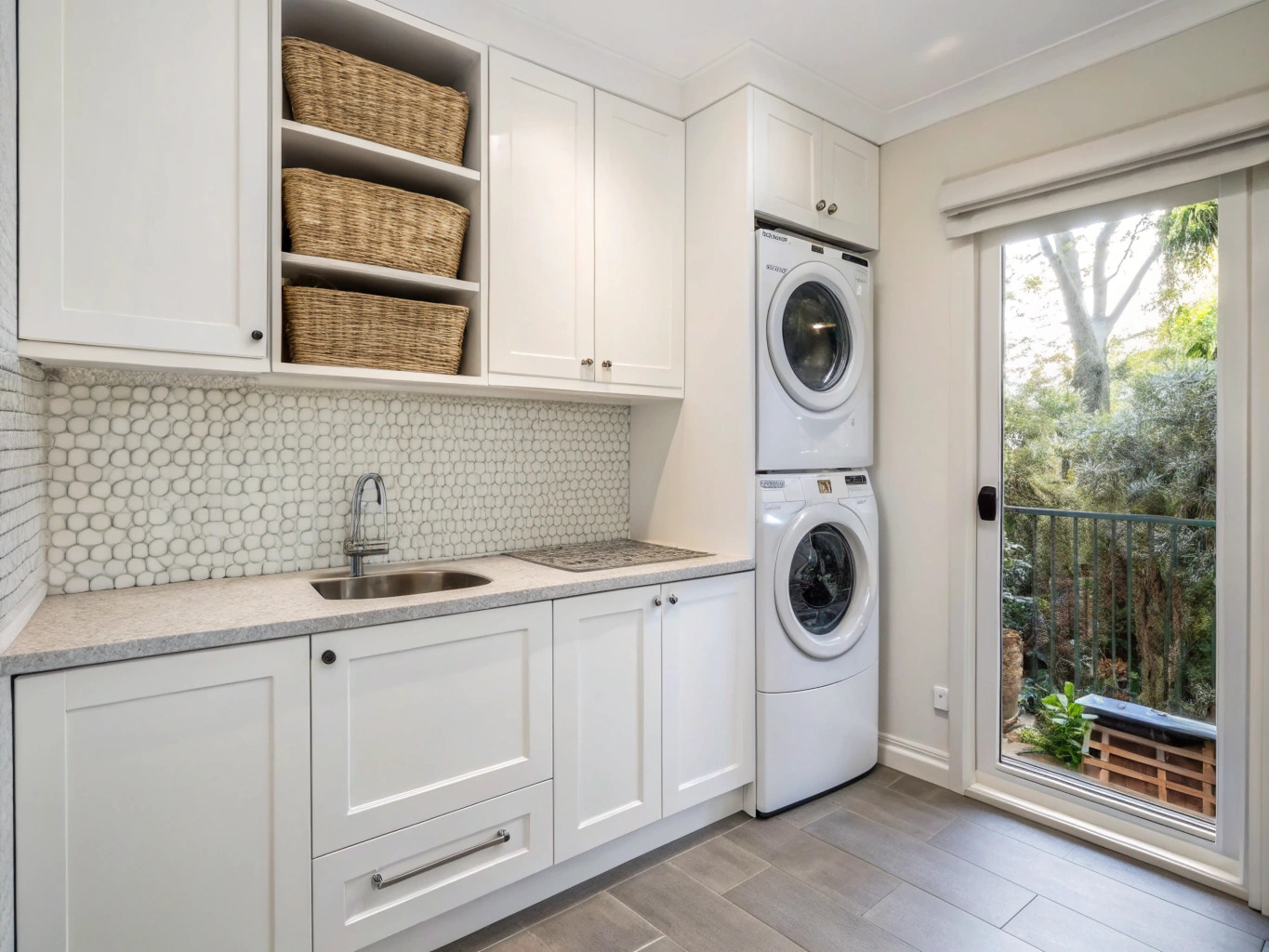 Renovated laundry with stacked washer and dryer built into custom storage cabinetry